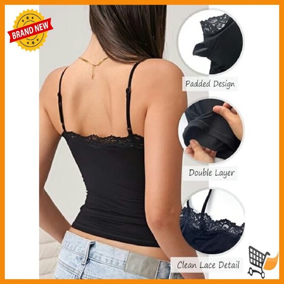 Double Lined Padded Lace Cami Top Spaghetti Strap Sexy Tank Club Party - Picture 6 of 8